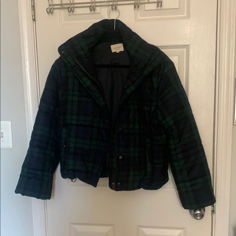 Sezane Green and Black Plaid Puffer Jacket